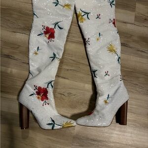 Floral Embroidered White Knee-High Boots